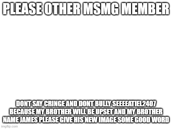 james is the real name of seatiel2407 im arthur please dont bully and say cringe his meme | PLEASE OTHER MSMG MEMBER; DONT SAY CRINGE AND DONT BULLY SEEEEATIEL2407 BECAUSE MY BROTHER WILL BE UPSET AND MY BROTHER NAME JAMES PLEASE GIVE HIS NEW IMAGE SOME GOOD WORD | image tagged in blank white template,for seatiel2407,image | made w/ Imgflip meme maker