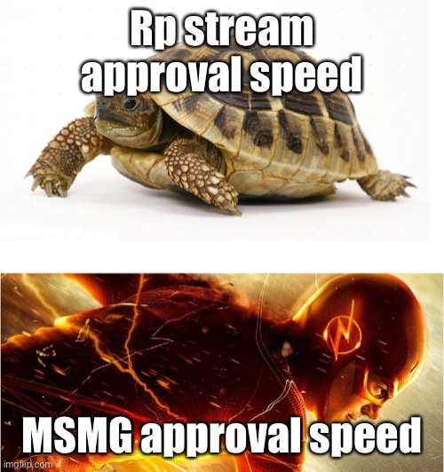 ah yes, 4 speeds | Rp stream approval speed; MSMG approval speed | image tagged in slow vs fast meme | made w/ Imgflip meme maker