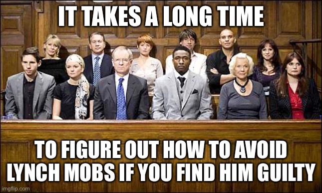 Jury | IT TAKES A LONG TIME TO FIGURE OUT HOW TO AVOID LYNCH MOBS IF YOU FIND HIM GUILTY | image tagged in jury | made w/ Imgflip meme maker