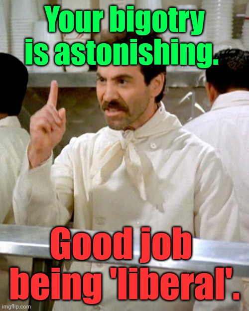 Soup Nazi | Your bigotry
is astonishing. Good job 
being 'liberal'. | image tagged in soup nazi | made w/ Imgflip meme maker