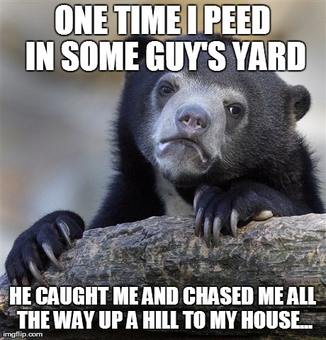 Confession Bear Meme | ONE TIME I PEED IN SOME GUY'S YARD HE CAUGHT ME AND CHASED ME ALL THE WAY UP A HILL TO MY HOUSE... | image tagged in memes,confession bear | made w/ Imgflip meme maker