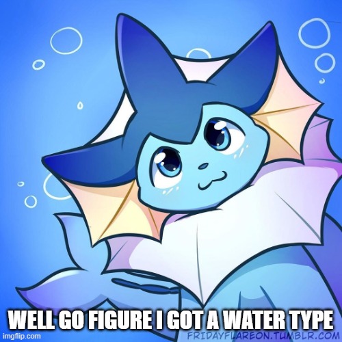 vaporeon | WELL GO FIGURE I GOT A WATER TYPE | image tagged in vaporeon | made w/ Imgflip meme maker