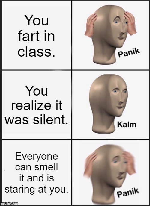 Skool | You fart in class. You realize it was silent. Everyone can smell it and is staring at you. | image tagged in memes,panik kalm panik | made w/ Imgflip meme maker