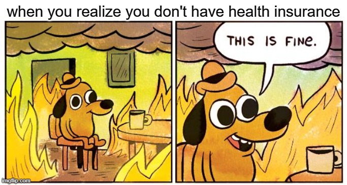 free epic dulse | when you realize you don't have health insurance | image tagged in memes,this is fine | made w/ Imgflip meme maker