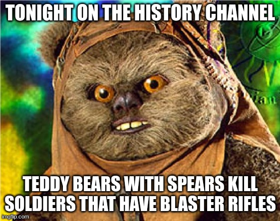 Angry Ewok | TONIGHT ON THE HISTORY CHANNEL TEDDY BEARS WITH SPEARS KILL SOLDIERS THAT HAVE BLASTER RIFLES | image tagged in angry ewok | made w/ Imgflip meme maker