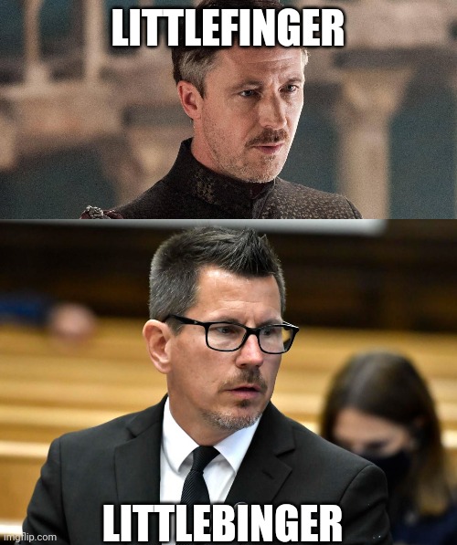 Hhmmm | LITTLEFINGER; LITTLEBINGER | image tagged in game of thrones,law,twins,brothers | made w/ Imgflip meme maker