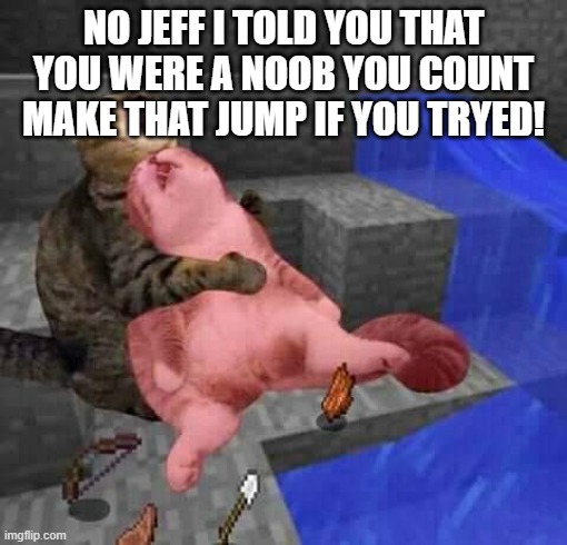 nooooooo jeff! | NO JEFF I TOLD YOU THAT YOU WERE A NOOB YOU COUNT MAKE THAT JUMP IF YOU TRYED! | image tagged in dead minecraft cat meme | made w/ Imgflip meme maker