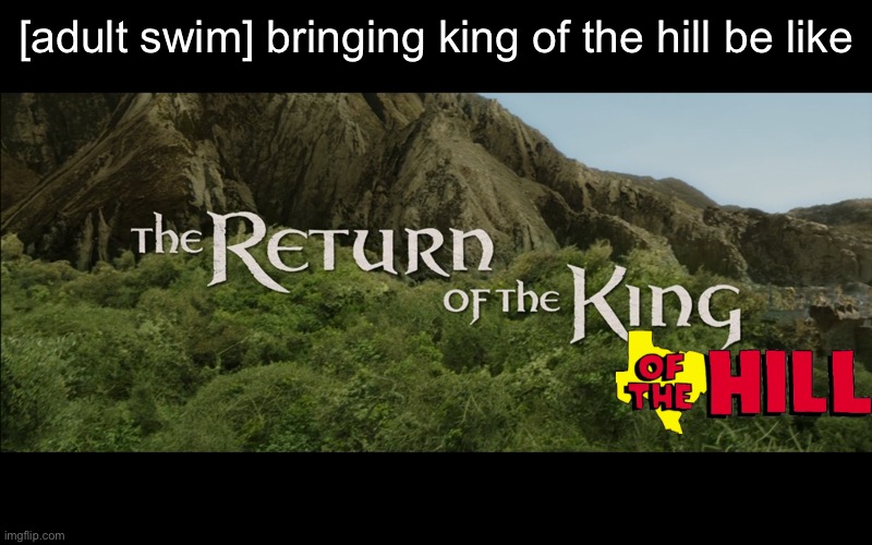 Holy shit, adult swim got KOTH back! | [adult swim] bringing king of the hill be like | image tagged in return of the king,adult swim,king of the hill,memes | made w/ Imgflip meme maker
