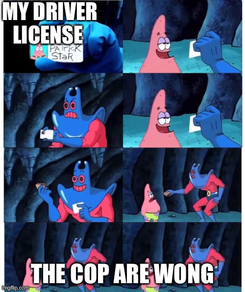 Bro | MY DRIVER LICENSE; THE COP ARE WONG | image tagged in patrick manray meme | made w/ Imgflip meme maker