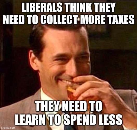 Democrats will never learn to live within their means |  LIBERALS THINK THEY NEED TO COLLECT MORE TAXES; THEY NEED TO LEARN TO SPEND LESS | image tagged in mad men | made w/ Imgflip meme maker