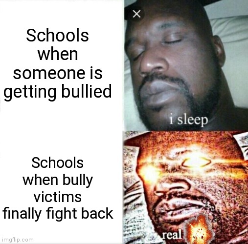 Schools with bullies be like | Schools when someone is getting bullied; Schools when bully victims finally fight back | image tagged in memes,sleeping shaq | made w/ Imgflip meme maker