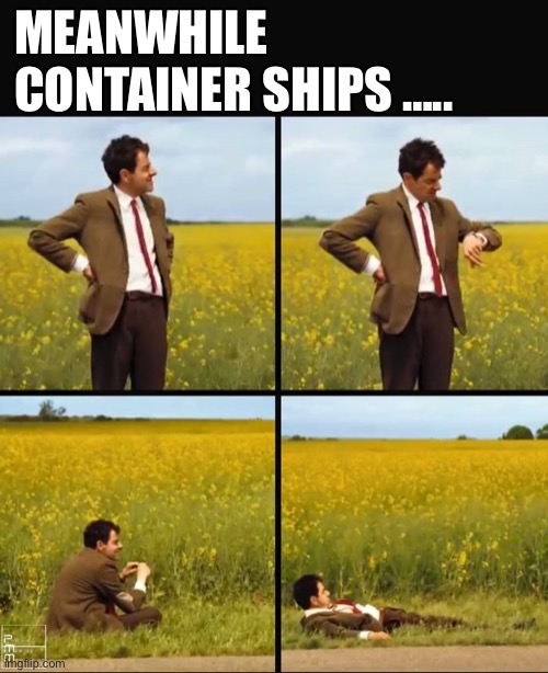 How’s that coming along? | MEANWHILE CONTAINER SHIPS ….. | image tagged in mr bean waiting | made w/ Imgflip meme maker