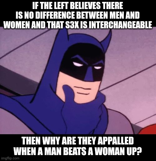 Aren't they the same? Equals in strength and shit? Men dressed in drag can play women's sports, too. | IF THE LEFT BELIEVES THERE IS NO DIFFERENCE BETWEEN MEN AND WOMEN AND THAT S3X IS INTERCHANGEABLE; THEN WHY ARE THEY APPALLED WHEN A MAN BEATS A WOMAN UP? | image tagged in batman pondering | made w/ Imgflip meme maker