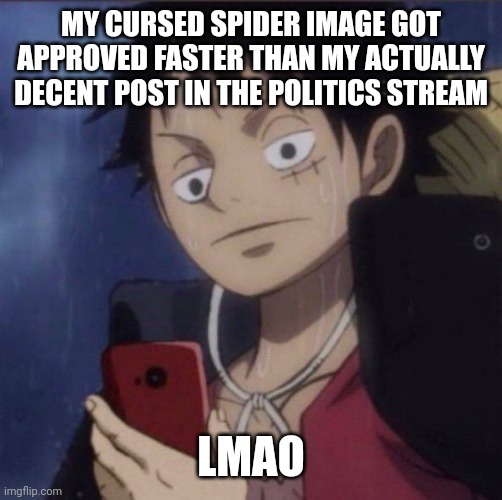 luffy phone | MY CURSED SPIDER IMAGE GOT APPROVED FASTER THAN MY ACTUALLY DECENT POST IN THE POLITICS STREAM; LMAO | image tagged in luffy phone | made w/ Imgflip meme maker