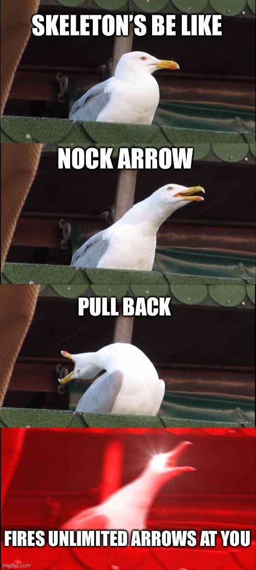 What we all hate | SKELETON’S BE LIKE; NOCK ARROW; PULL BACK; FIRES UNLIMITED ARROWS AT YOU | image tagged in memes,inhaling seagull | made w/ Imgflip meme maker