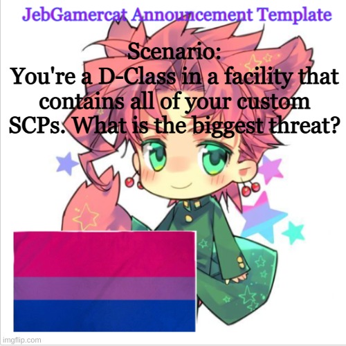 Piper's gonna mess some people up | Scenario:
You're a D-Class in a facility that contains all of your custom SCPs. What is the biggest threat? | image tagged in jeb's announcement template | made w/ Imgflip meme maker