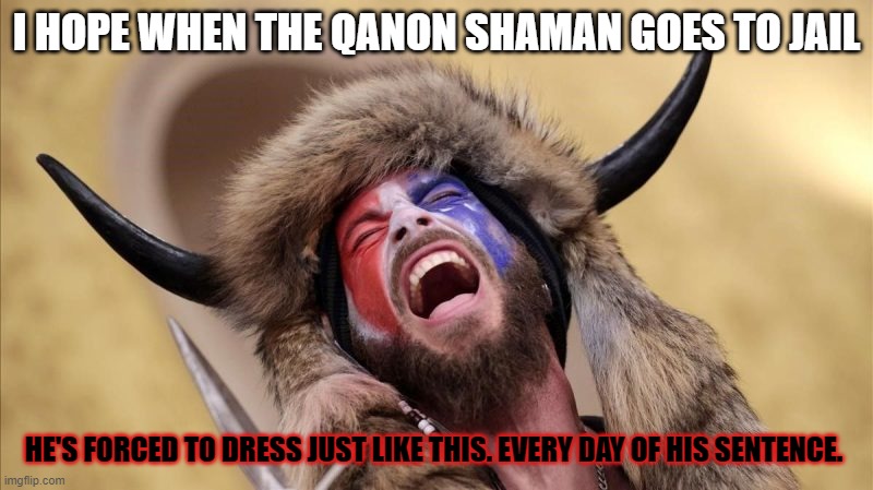 qanon shaman | I HOPE WHEN THE QANON SHAMAN GOES TO JAIL; HE'S FORCED TO DRESS JUST LIKE THIS. EVERY DAY OF HIS SENTENCE. | image tagged in qanon shaman | made w/ Imgflip meme maker