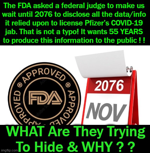 MORE Proof That This Is a Vaccident! | The FDA asked a federal judge to make us 
wait until 2076 to disclose all the data/info 
it relied upon to license Pfizer’s COVID-19 
jab. That is not a typo! It wants 55 YEARS 
to produce this information to the public ! ! WHAT Are They Trying 
To Hide & WHY ? ? | image tagged in politics,covid vaccine,adverse effects,deaths,untested,agenda | made w/ Imgflip meme maker