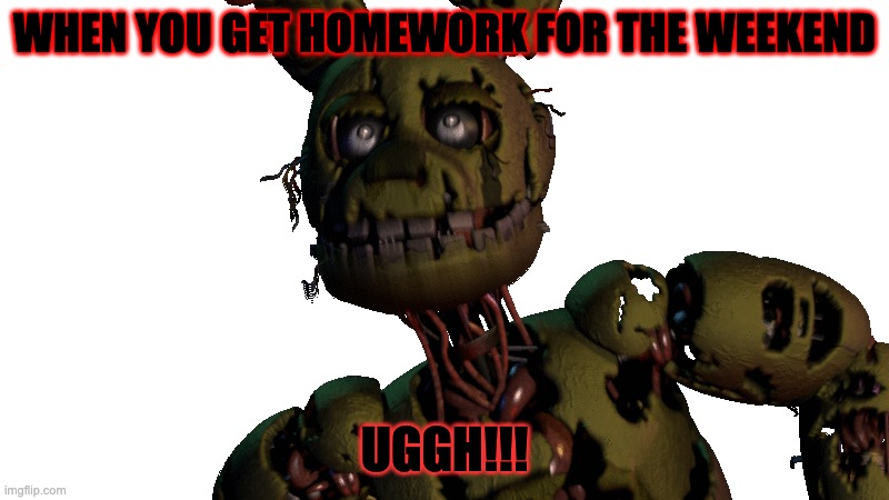 WHEN YOU GET HOMEWORK FOR THE WEEKEND; UGGH!!! | image tagged in fnaf | made w/ Imgflip meme maker