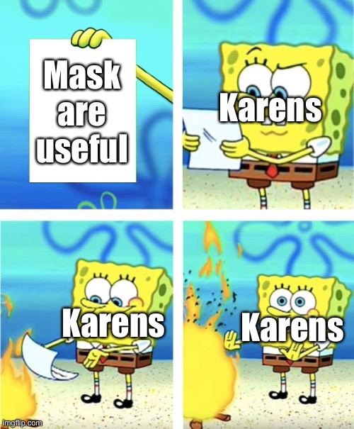 Spongebob Burning Paper | Mask are useful; Karens; Karens; Karens | image tagged in spongebob burning paper | made w/ Imgflip meme maker