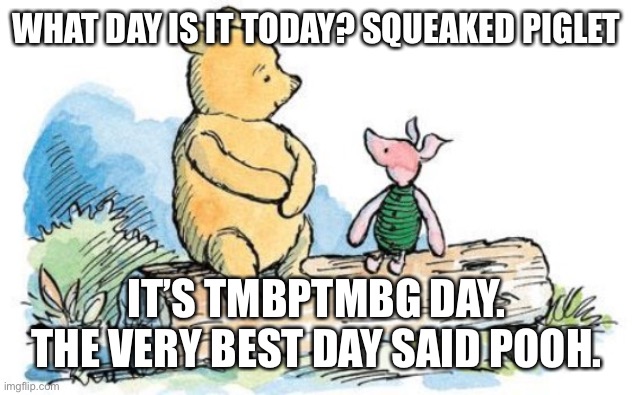 winnie the pooh and piglet | WHAT DAY IS IT TODAY? SQUEAKED PIGLET; IT’S TMBPTMBG DAY. THE VERY BEST DAY SAID POOH. | image tagged in winnie the pooh and piglet | made w/ Imgflip meme maker