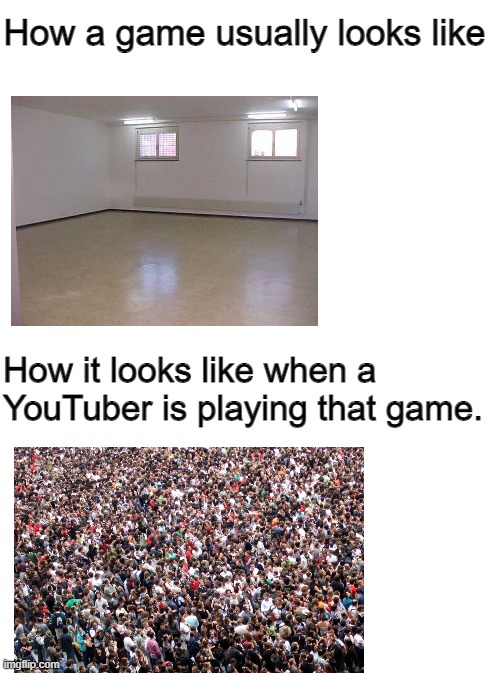 Those are probably just the fans of that YouTube | How a game usually looks like; How it looks like when a YouTuber is playing that game. | image tagged in blank white template,youtuber,youtubers,empty,youtube | made w/ Imgflip meme maker