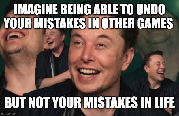YouTube got me questioning | IMAGINE BEING ABLE TO UNDO YOUR MISTAKES IN OTHER GAMES; BUT NOT YOUR MISTAKES IN LIFE | image tagged in elon musk laughing | made w/ Imgflip meme maker