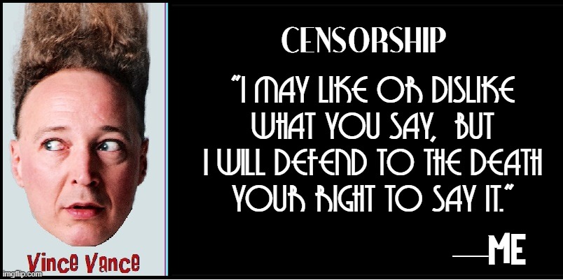 Anarchy is part of the plan by Socialist Libs. All to grab power! | "I MAY LIKE OR DISLIKE
WHAT YOU SAY,  BUT
I WILL DEFEND TO THE DEATH
YOUR RIGHT TO SAY IT." —ME CENSORSHIP | image tagged in vince vance,censorship,quotes,free speech,memes,america | made w/ Imgflip meme maker