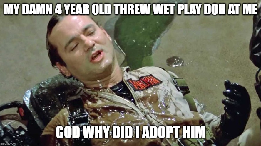 god he hates his child | MY DAMN 4 YEAR OLD THREW WET PLAY DOH AT ME; GOD WHY DID I ADOPT HIM | image tagged in ghostbusters slime | made w/ Imgflip meme maker