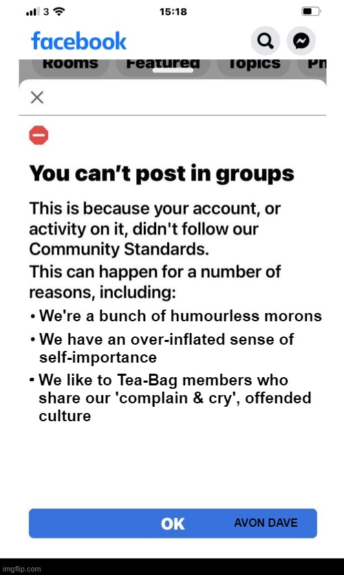 FB JAIL |  . We're a bunch of humourless morons; We have an over-inflated sense of
self-importance; We like to Tea-Bag members who
share our 'complain & cry', offended
culture; AVON DAVE | image tagged in fb jail,facebook,blocked,community standards,offended,woke | made w/ Imgflip meme maker