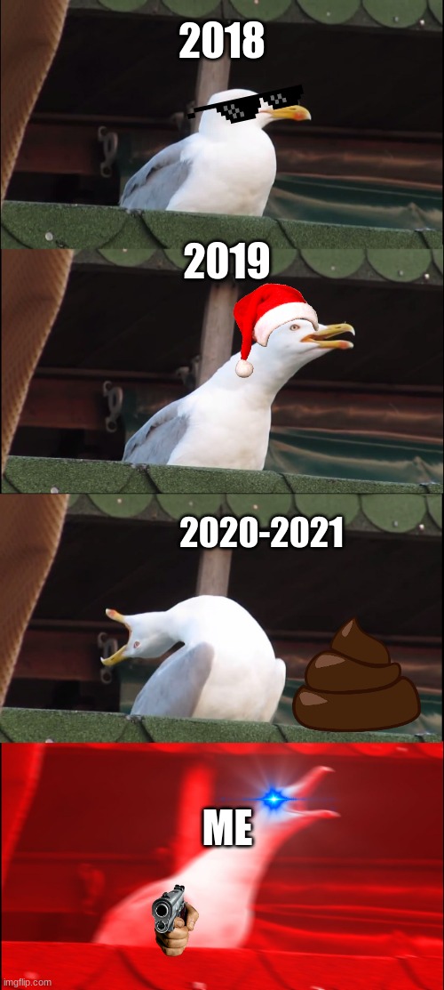 Inhaling Seagull | 2018; 2019; 2020-2021; ME | image tagged in memes,inhaling seagull | made w/ Imgflip meme maker