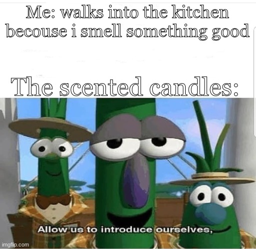 BUu im hungery | Me: walks into the kitchen becouse i smell something good; The scented candles: | image tagged in allow us to introduce ourselves | made w/ Imgflip meme maker