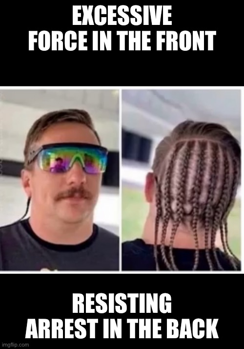 Party in the back | EXCESSIVE FORCE IN THE FRONT; RESISTING ARREST IN THE BACK | image tagged in hair | made w/ Imgflip meme maker
