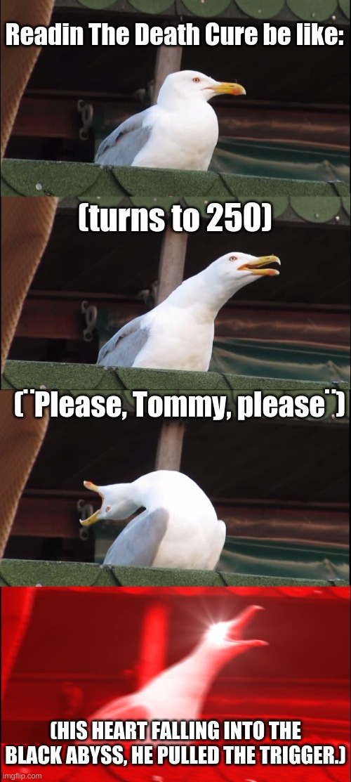 Inhaling Seagull | Readin The Death Cure be like:; (turns to 250); (¨Please, Tommy, please¨); (HIS HEART FALLING INTO THE BLACK ABYSS, HE PULLED THE TRIGGER.) | image tagged in memes,inhaling seagull | made w/ Imgflip meme maker