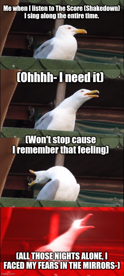 Inhaling Seagull Meme | Me when I listen to The Score (Shakedown)
I sing along the entire time. (Ohhhh- I need it); (Won't stop cause I remember that feeling); (ALL THOSE NIGHTS ALONE, I FACED MY FEARS IN THE MIRRORS-) | image tagged in memes,inhaling seagull | made w/ Imgflip meme maker