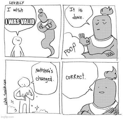 mmyes | I WAS VALID | image tagged in i wish genie nothing's changed | made w/ Imgflip meme maker