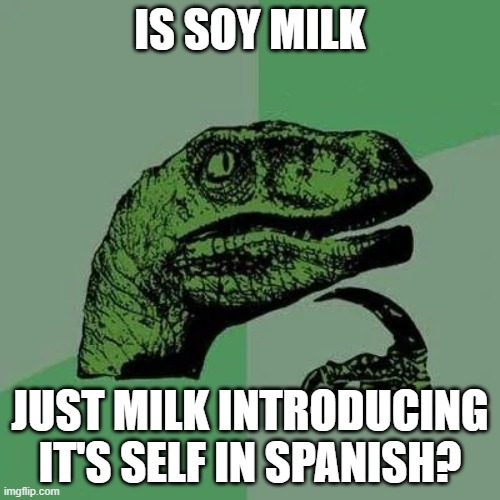 raptor asking questions | IS SOY MILK; JUST MILK INTRODUCING IT'S SELF IN SPANISH? | image tagged in raptor asking questions | made w/ Imgflip meme maker