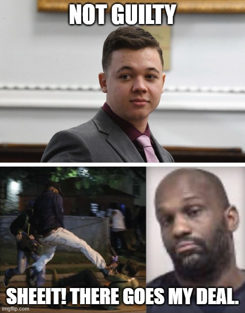 Let the riots commence. | NOT GUILTY; SHEEIT! THERE GOES MY DEAL. | image tagged in kyle rittenhouse,maurice freeland,kenosha,memes,not guilty | made w/ Imgflip meme maker