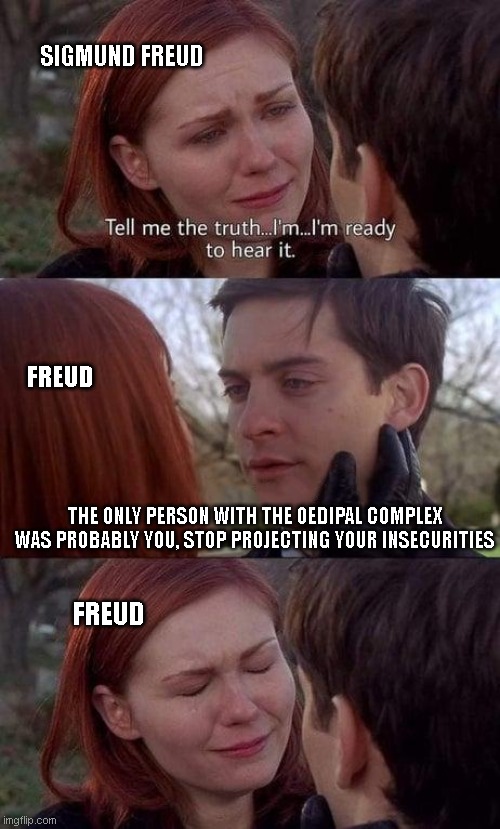 Tell me the truth, I'm ready to hear it | SIGMUND FREUD; FREUD; THE ONLY PERSON WITH THE OEDIPAL COMPLEX WAS PROBABLY YOU, STOP PROJECTING YOUR INSECURITIES; FREUD | image tagged in tell me the truth i'm ready to hear it | made w/ Imgflip meme maker