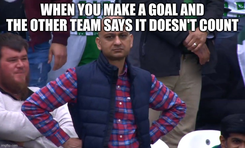 eh | WHEN YOU MAKE A GOAL AND THE OTHER TEAM SAYS IT DOESN'T COUNT | image tagged in disappointed cricket fan | made w/ Imgflip meme maker