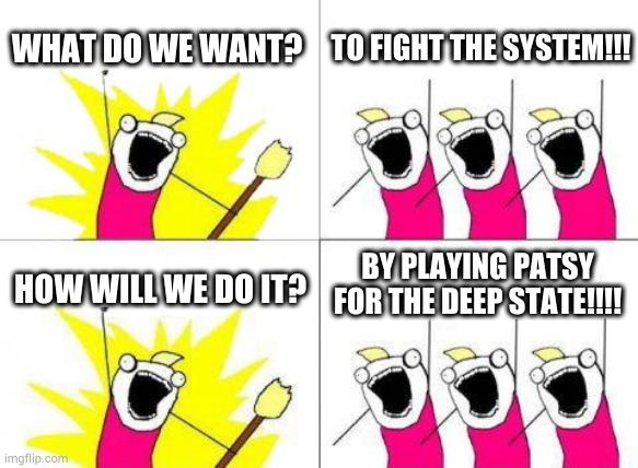 What Do We Want |  WHAT DO WE WANT? TO FIGHT THE SYSTEM!!! BY PLAYING PATSY FOR THE DEEP STATE!!!! HOW WILL WE DO IT? | image tagged in memes,what do we want | made w/ Imgflip meme maker