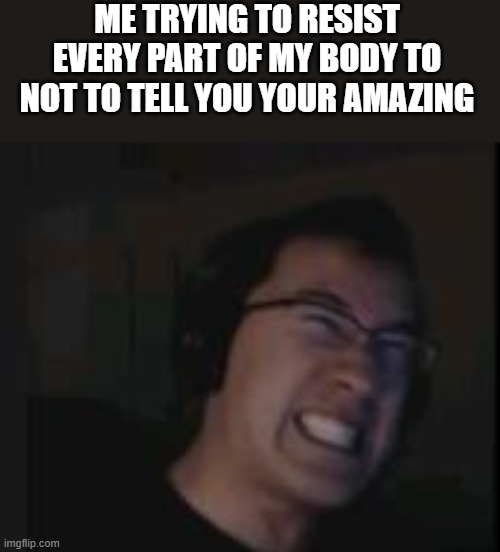 MUST.....RESIST... | ME TRYING TO RESIST EVERY PART OF MY BODY TO NOT TO TELL YOU YOUR AMAZING | image tagged in markiplier,wholesome,resist | made w/ Imgflip meme maker