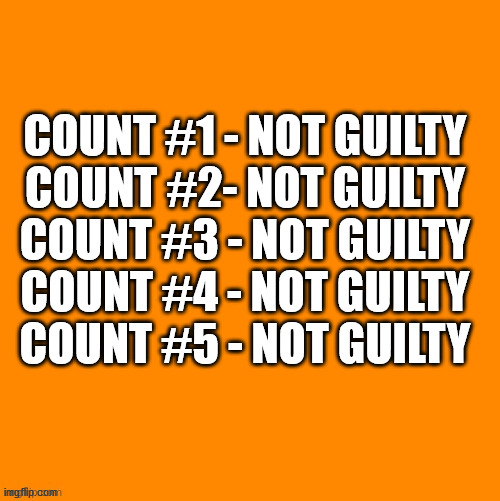 Orange Square | COUNT #1 - NOT GUILTY
COUNT #2- NOT GUILTY
COUNT #3 - NOT GUILTY
COUNT #4 - NOT GUILTY
COUNT #5 - NOT GUILTY | image tagged in orange square | made w/ Imgflip meme maker