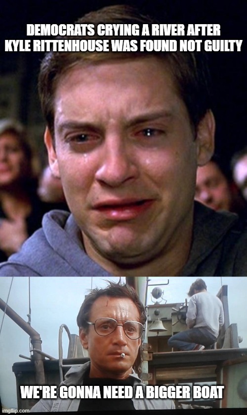 DEMOCRATS CRYING A RIVER AFTER KYLE RITTENHOUSE WAS FOUND NOT GUILTY; WE'RE GONNA NEED A BIGGER BOAT | image tagged in crying peter parker,kyle rittenhouse,jaws,crying democrats | made w/ Imgflip meme maker