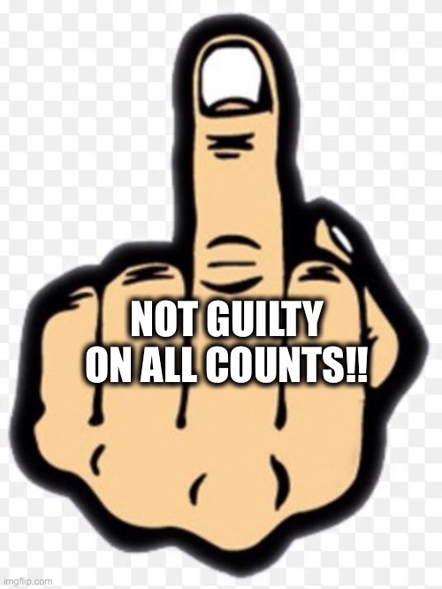 middle finger | NOT GUILTY ON ALL COUNTS!! | image tagged in middle finger | made w/ Imgflip meme maker