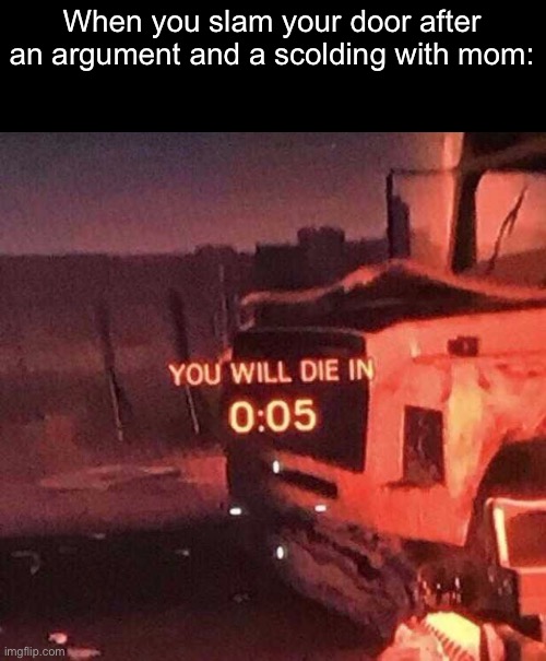 You will die in 0:05 | When you slam your door after an argument and a scolding with mom: | image tagged in you will die in 0 05 | made w/ Imgflip meme maker