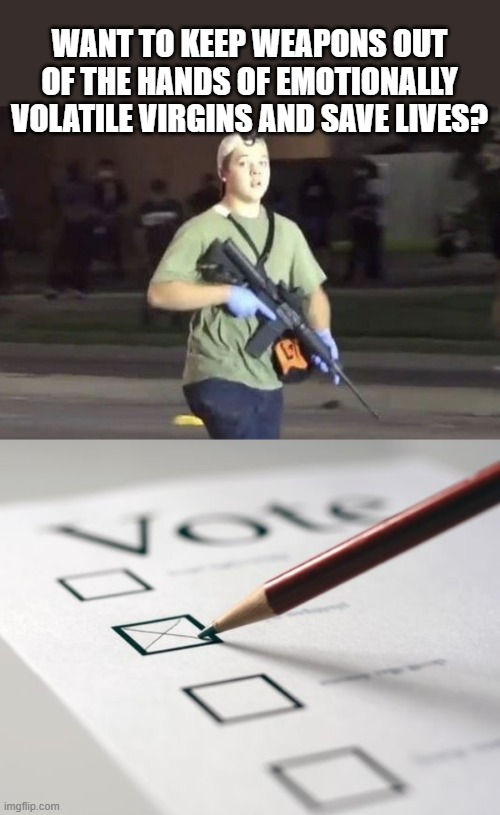 The trial ended the way we knew it would. But it doesn't end there. | WANT TO KEEP WEAPONS OUT OF THE HANDS OF EMOTIONALLY VOLATILE VIRGINS AND SAVE LIVES? | image tagged in kyle rittenhouse,voting ballot | made w/ Imgflip meme maker