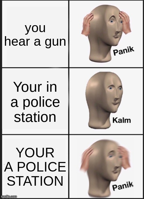 Panik Kalm Panik | you hear a gun; Your in a police station; YOUR A POLICE STATION | image tagged in memes,panik kalm panik | made w/ Imgflip meme maker