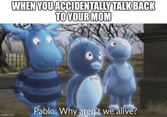 Pablo why aren't we alive? | WHEN YOU ACCIDENTALLY TALK BACK
TO YOUR MOM | image tagged in pablo why aren't we alive,funny memes,parents | made w/ Imgflip meme maker