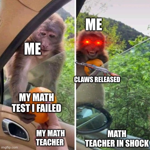 monkey getting an orange | ME; ME; CLAWS RELEASED; MY MATH TEST I FAILED; MY MATH TEACHER; MATH TEACHER IN SHOCK | image tagged in monkey getting an orange | made w/ Imgflip meme maker